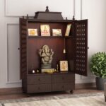 Solid Sheesham Wooden Home Temple Mandir with Doors & 4 Storage Drawers – Walnut Finish
