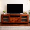 Solid Wood Tv Entertainment Stand Storage Cabinet with 2 Glass – Natural Honey Finish