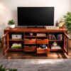 Solid Wood Tv Entertainment Stand Storage Cabinet with 2 Glass – Natural Honey Finish - Image 2