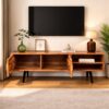 Acacia Wood Tv Entertainment Unit Stand Storage Cabinet with Doors – Natural Teak Finish