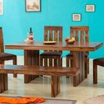 Solid Sheesham Wooden Dining Table for Dining Room – 4 Chairs +1 Bench, Walnut Finish